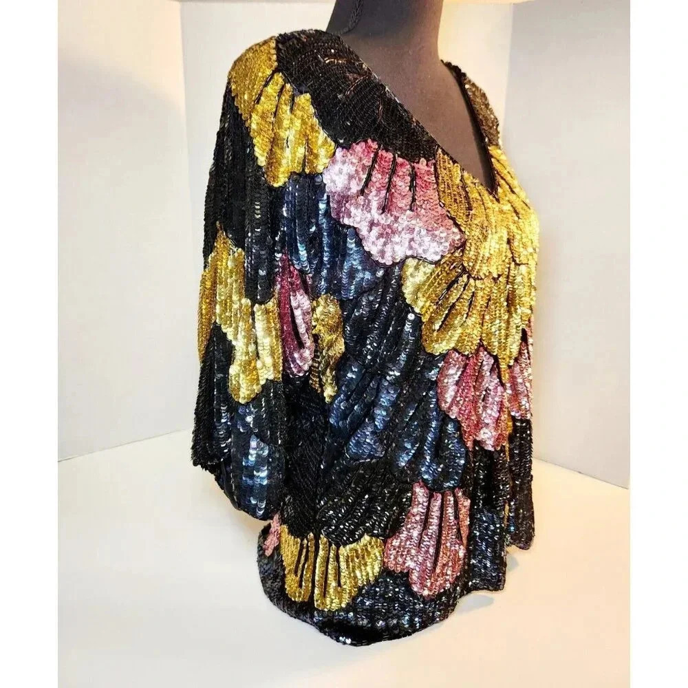 Vintage 1980s Tan-Chho Sequin Silk Blouse Size XL - Picture 5 of 8